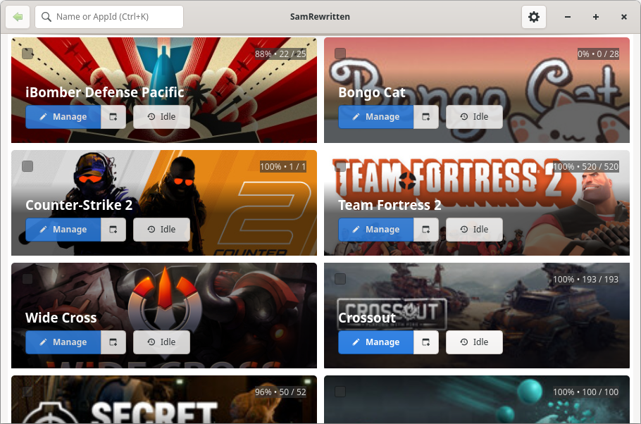 SamRewritten GTK interface showing a Steam game's achievement list with unlock toggles